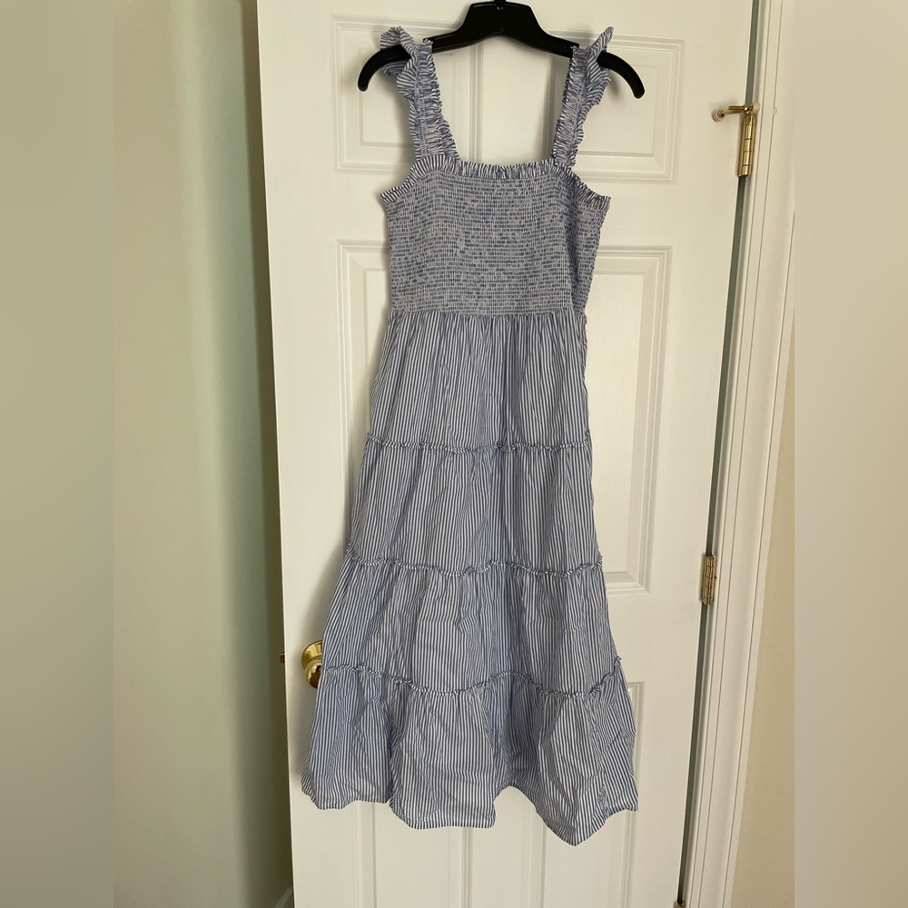 J. Crew Blue and White Striped Smocked Dress